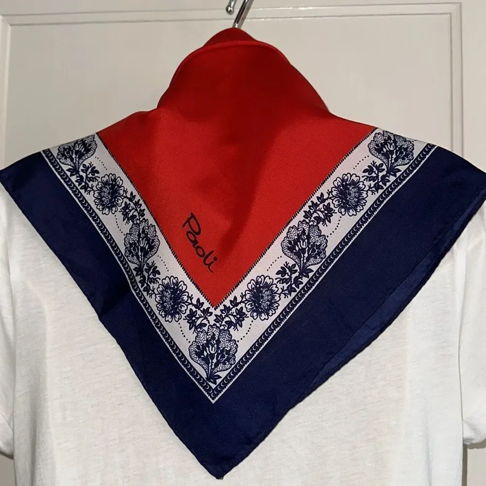 Vintage 70s Paoli red,‎ white & blue polyester scarf with floral border